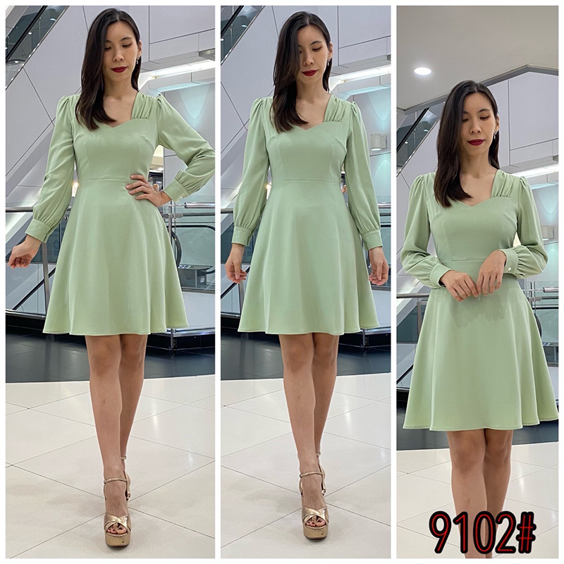 kudapy เดรสสั้นสีครีม ชมพู ชมพูพีช กรม เขียวมิ้นต์ แดง กระโปรงบาน พรางสะโพก ซิปหลัง ใส่ง่าย เนื้อผ้าเครปเกาหลี เย็นสบาย