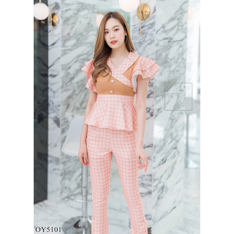 kudapy เซทเสื้อสกอต+กางเกงขายาวลายสกอตสีดำ/สีส้ม