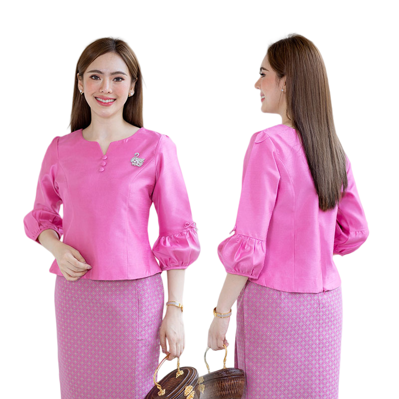 kudapy เสื้อสีขาว/สีชมพู/สีแดงเลือดหมู/สีน้ำตาล เนื้อผ้าทอ เนื้อเบาสบาย ใส่สบายผิว มีลายเส้นในตัว ใส่คู่กับ ผ้าไทยลายแพรวา หรือ ผ้าลายกวินตาทอสอดดิ้นหรูหรา