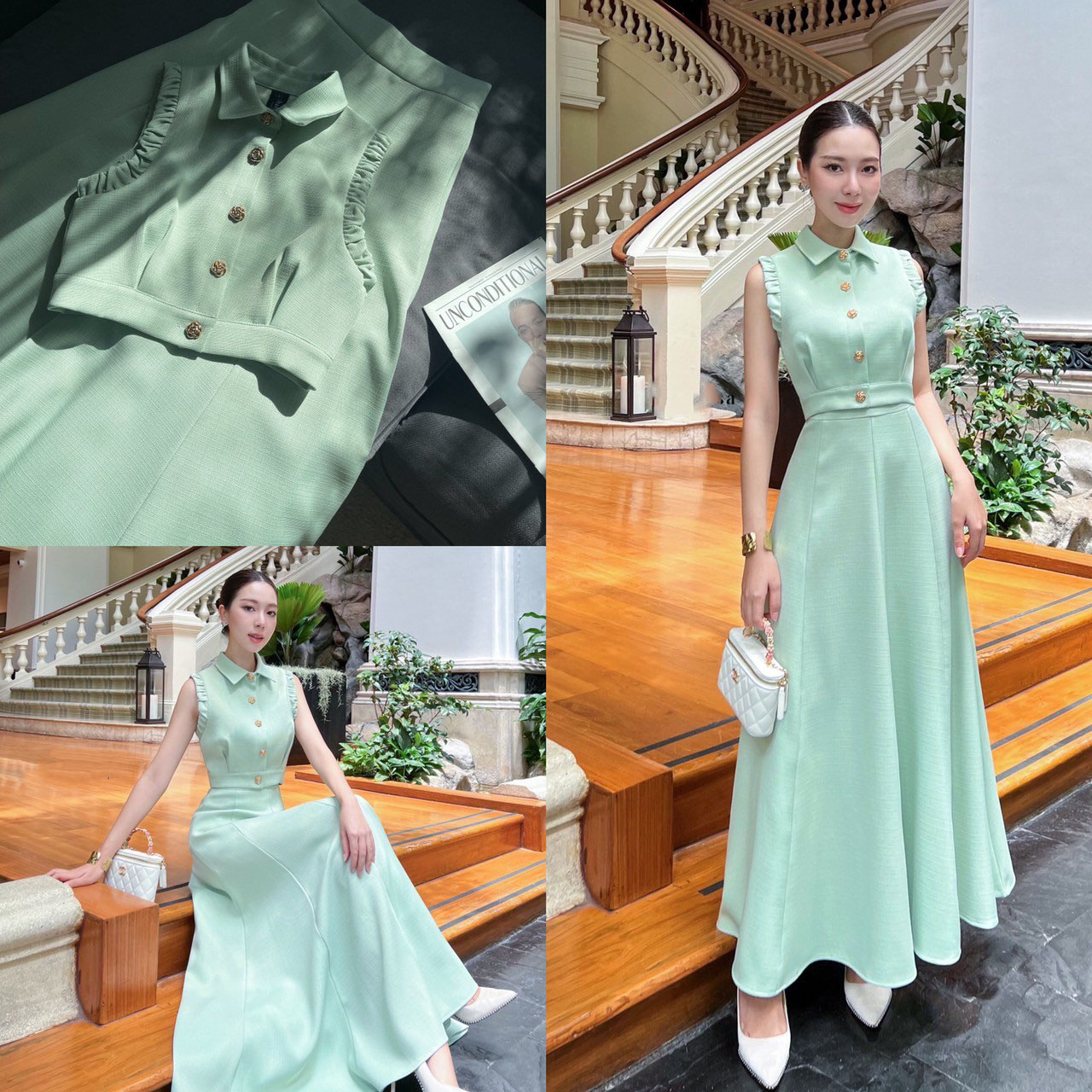 kudapy ชุดเซ็ทเสื้อ+กระโปรงยาว ตัวเสื้อออกแบบให้ดูเกร๋ที่แขนเสื้อ กระดุมดอกไม้ทองเป็นกระดุมจริง ปกเสื้อทรงแหลม