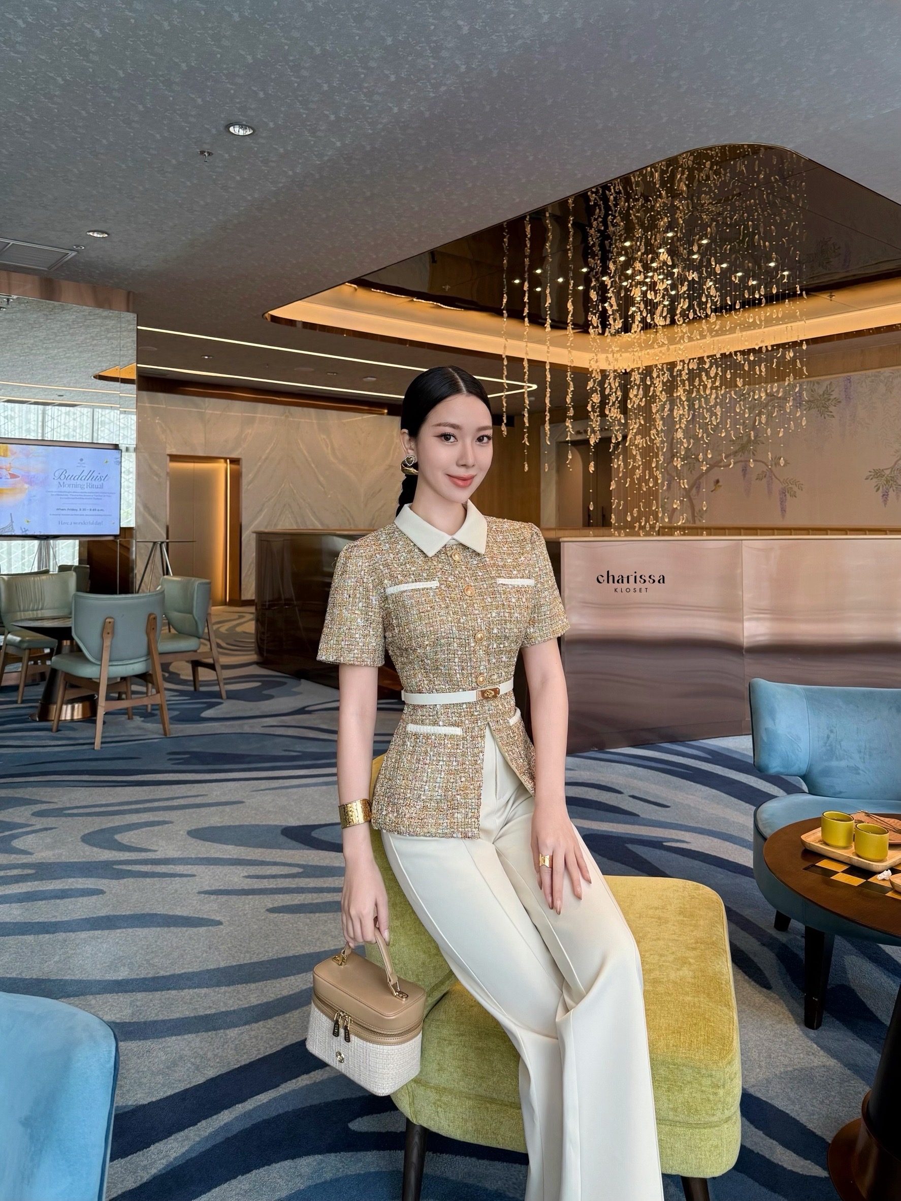 kudapy ชุดเซ็ท 3 ชิ้น เสื้อทวิตแขนสั้น + กางเกง มาพร้อมเข็มขัด เสื้อทวีตแขนสั้น คอปก