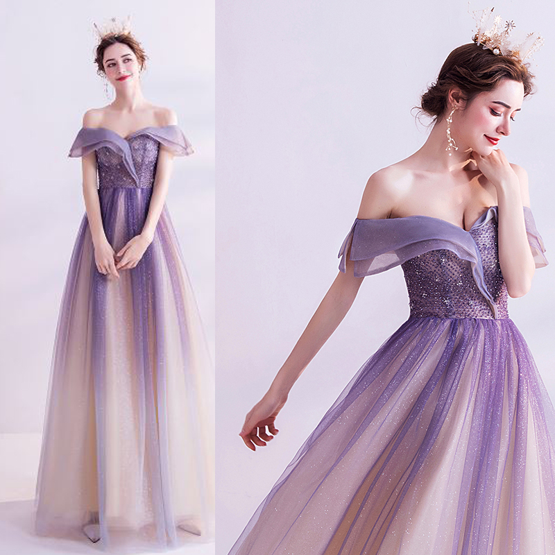 kudapy ชุดราตรียาวสีม่วงลาเวนเดอร์ ทรงเปิดไหล่ดีเทลสวยตามแบบงานหรูมากค่ะ (พรีออเดอร์นะคะ รอสินค้า 10-20 วัน)