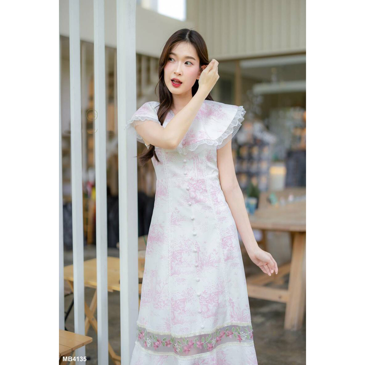 kudapy เดรสยาวคอปกแต่งระบายผ้าลูกไม้ใส่สบายสวยดูดี