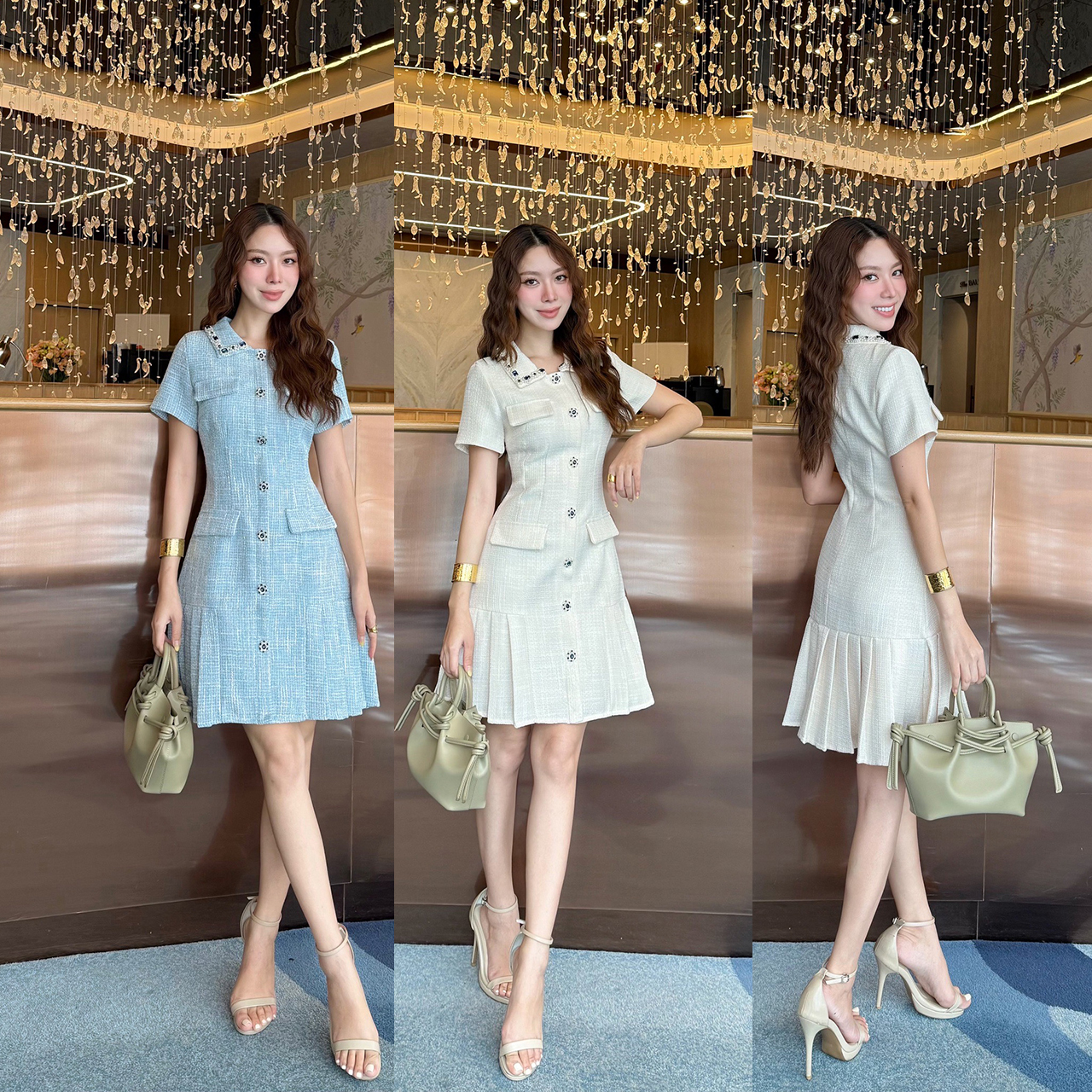 kudapy เดรสแขนสั้นผ้าพรีเมียมทวิต คอปกแต่งด้วย ลูกปัดคริสตัลและมุก กระดุมด้านหน้าแบบ เพชรคริสตัล (กระดุมตกแต่ง) เดรสเป็นซิปด้านหลังทำให้ใส่ได้ง่าย