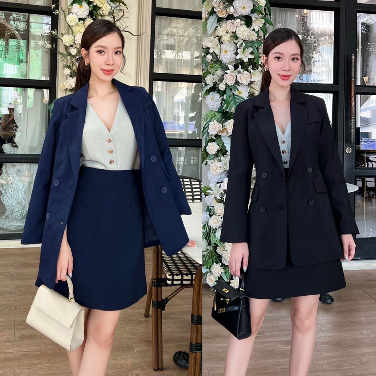 kudapy เสื้อสูท+กระโปรง ผ้าดีมากเว่อร์ ตัวเสื้อแต่งกระดุมด้านหน้า 4 เม็ด มีซับในทั้งตัว