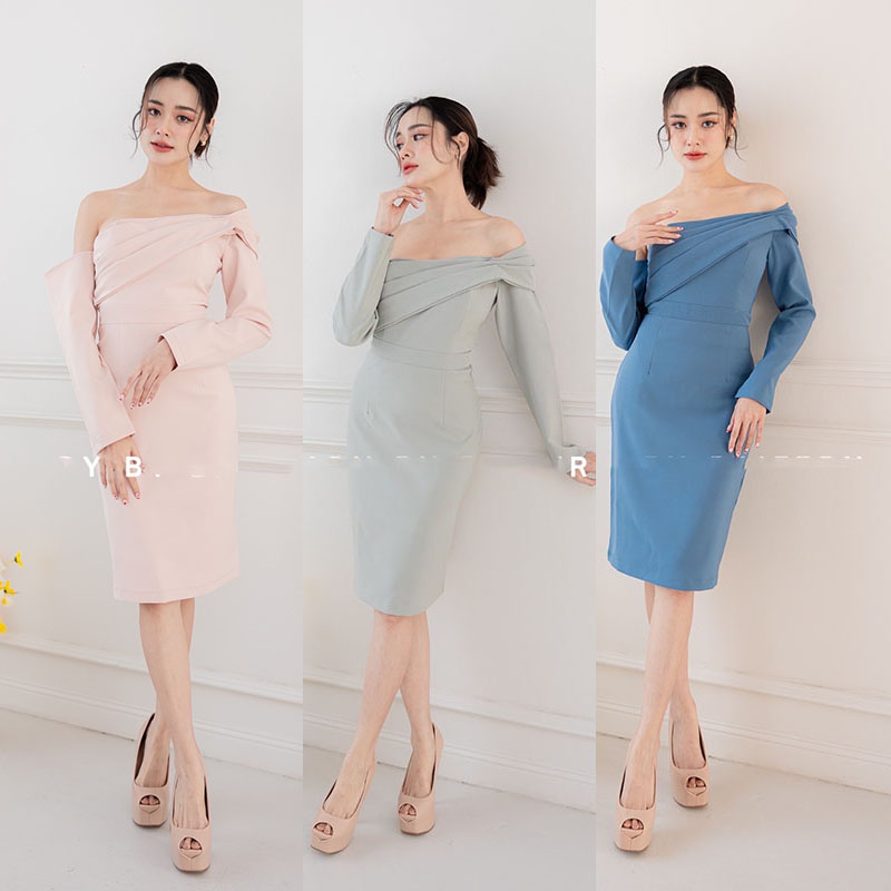 kudapy เดรสสั้นสีเทาอมเขียว , ฟ้าเข้ม , ชมพู ปาดไหล่ ดีเทลแต่งแขนยาว ให้ลุคไฮโซสุดด ขอบอกว่าสวยทุกสี ใส่แล้วขับผิวเว่อ