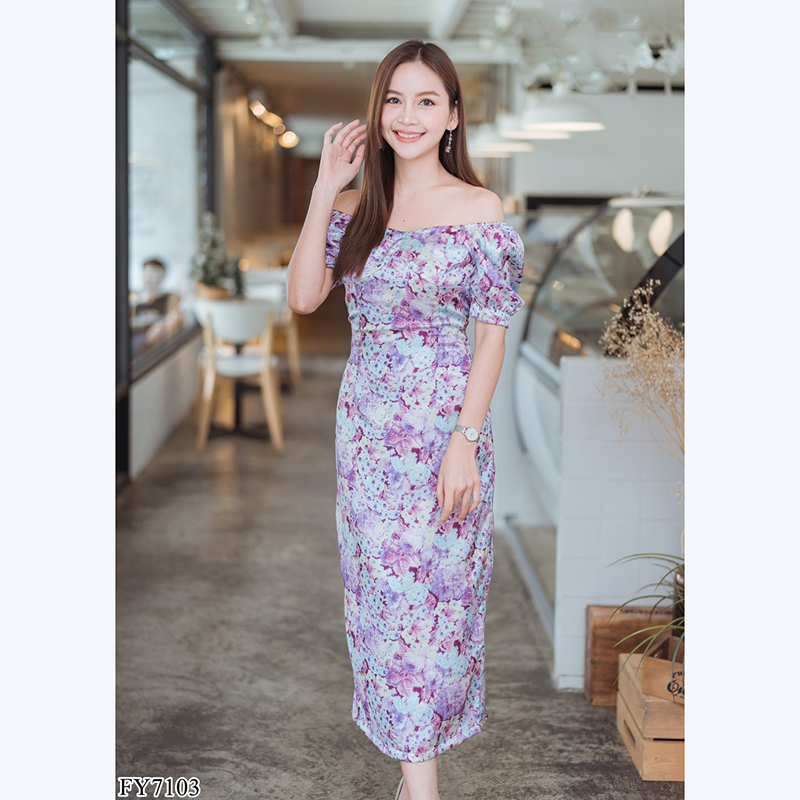 kudapy เดรสยาวสีเหลือง/สีม่วง เกาหลีแขนย่น สวยใส่สบายดูดี