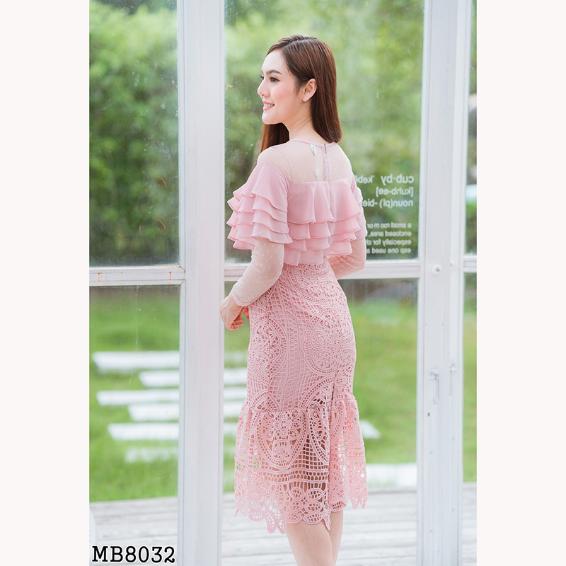 kudapy เดรสสั้รสีชมพู/สีกรม/สีขาว ลูกไม้อกชีฟอง4ชั้นใส่สวยดูดี