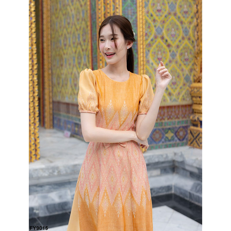 kudapy เดรสสั้นสีฟ้า/สีส้ม ผ้าทอทรงบ้านโบว์หน้า ลายไทย ใส่ออกงาน สวยดูดี