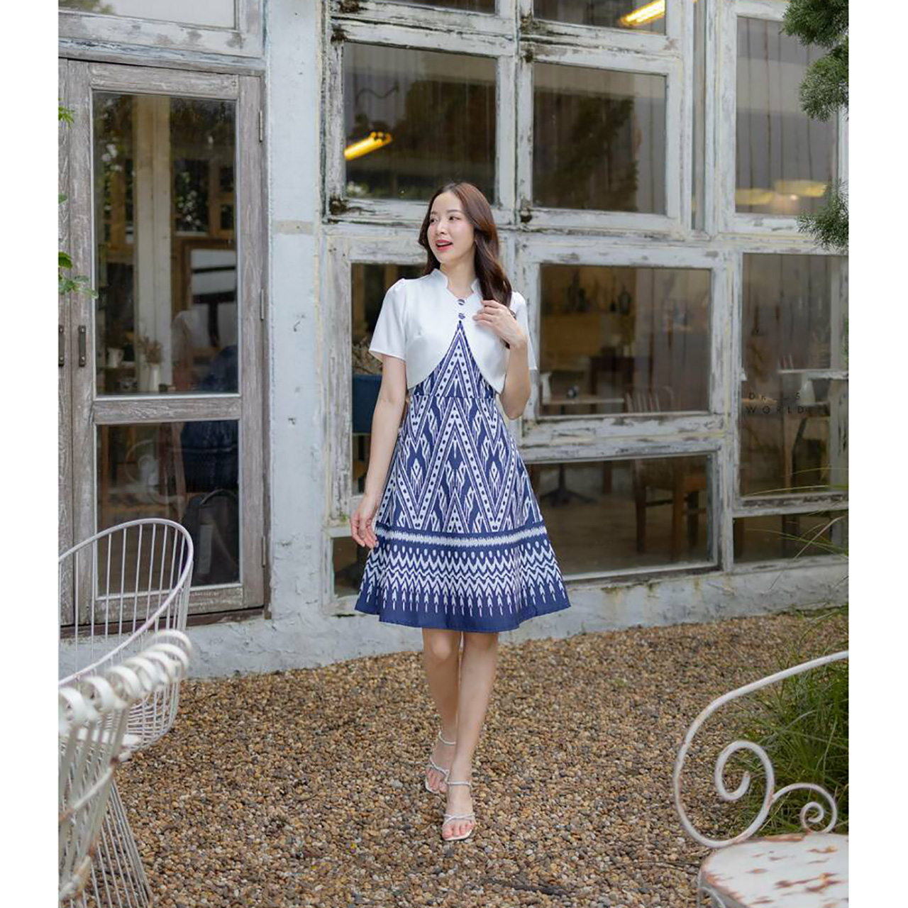 kudapy เดรสสั้นสีชมพู/สีน้ำตาล/สีกรม/สีเหลือง ลายไทยกั๊กผ้าพื้น ใส่ทำงานสวยดูดี