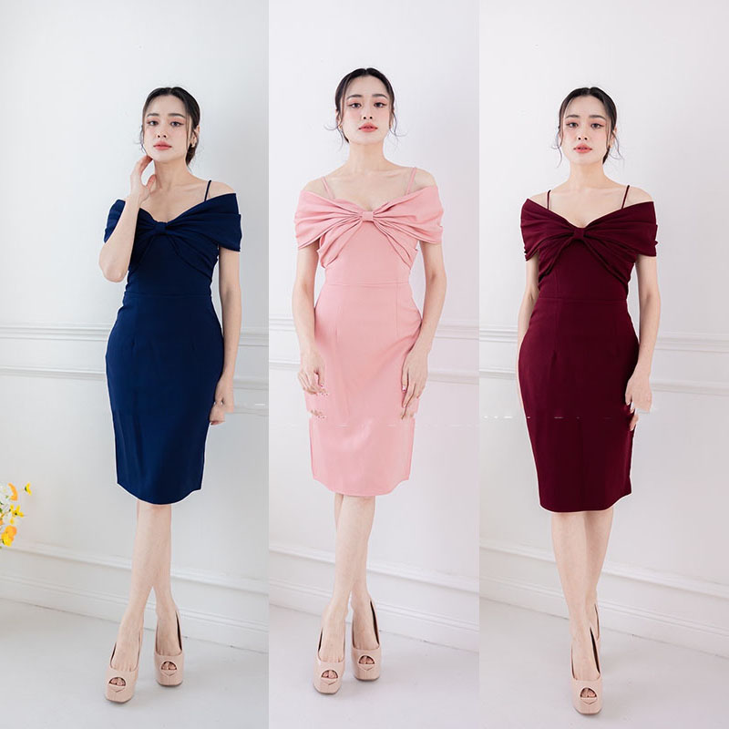 kudapy เดรสสั้นสีกรม/สีชมพู/สีแดง ชุดออกงาน ดีเทลโบว์สอดแขน รุ่นนี้เรียบหรู ลุคคุณหนู น่ารักมาก