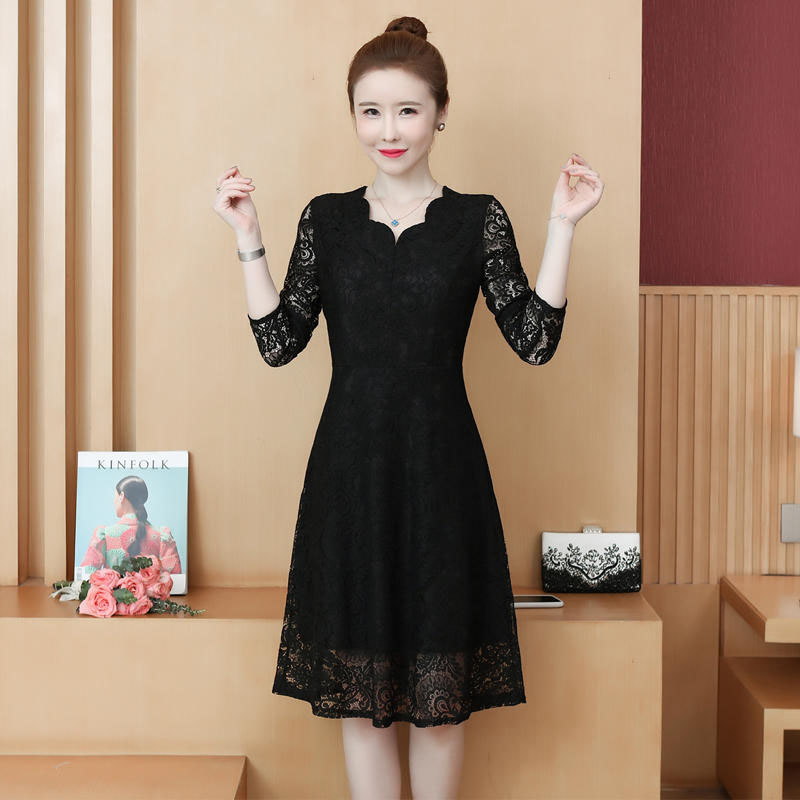 kudapy เดรสสั้นสีดำ ผ้าลูกไม้ แขนยาว กระโปรงทรงบานคลุมเข่า แนวเรียบหรู ดูดี สวยสุภาพ ดูเรียบร้อย