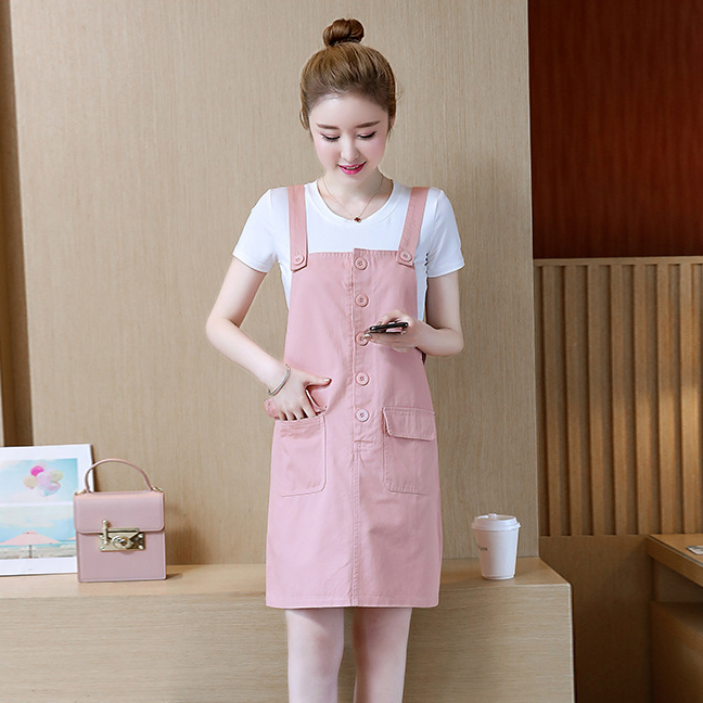 kudapy เซต 2 ชิ้น เดรสสั้นทรงเอี้ยมสีชมพู /สีเหลือง + เสื้อยืดคอกลมสีขาวแขนสั้น มีกระเป๋าหน้าใส่ของได้น้า