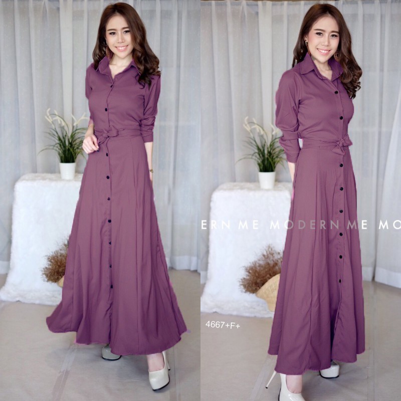kudapy Maxi Dress แม็กซี่เดรสเชิ้ตแขนยาว สีพื้น งานเชิ้ตแต่งคอปกกระดุมช่วงหน้ายาวข้างเอวเย็บติดสายผูกเอว