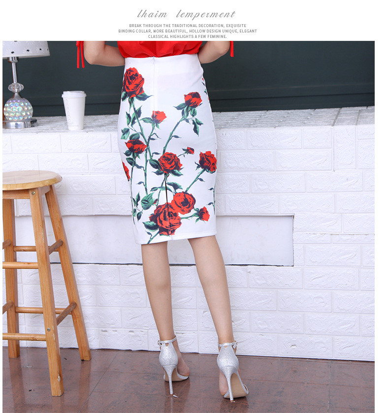 กระโปรงแฟชั่นสีขาวลายกุหลาบแดง ทรงกระสอบ ผ้ายืด งานสวยมากค่ะ