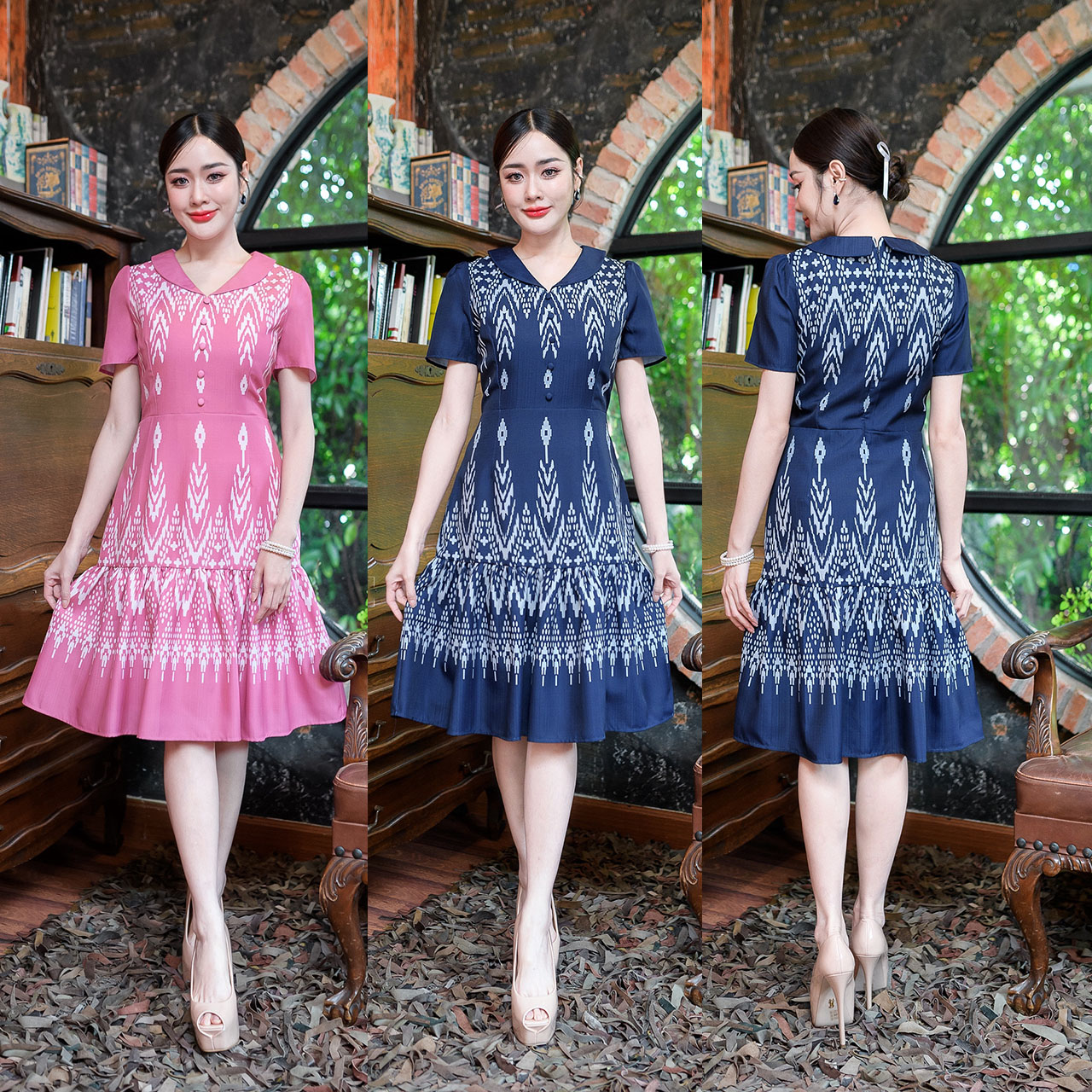 kudapy เดรสสั้นสีชมพู/สีกรม ลายไทย งานผ้าพิมพ์ ลายสวยดีไซน์น่ารัก แต่งคอปกแต่งกระดุมด้านหน้า ชายกระโปรงระบาย