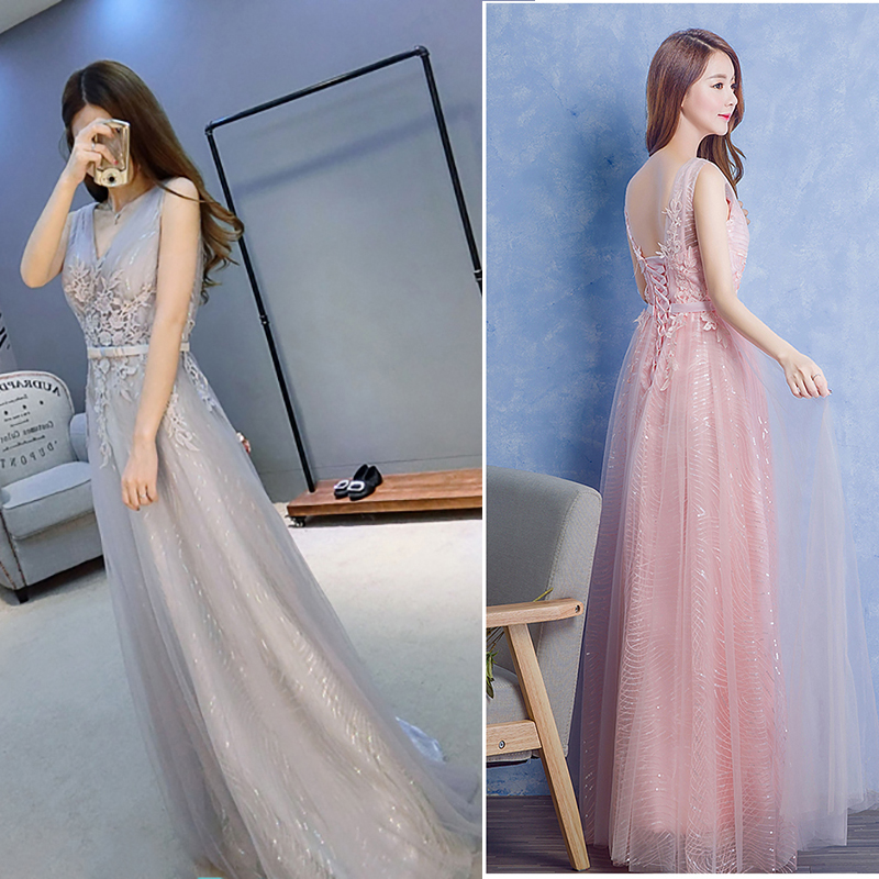 kudapy ชุดราตรียาวสีชมพู/เทา แขนกุด แต่งลายลูกไม้ ผ้าตาข่าย ข้างในปักเลื่อมสวย