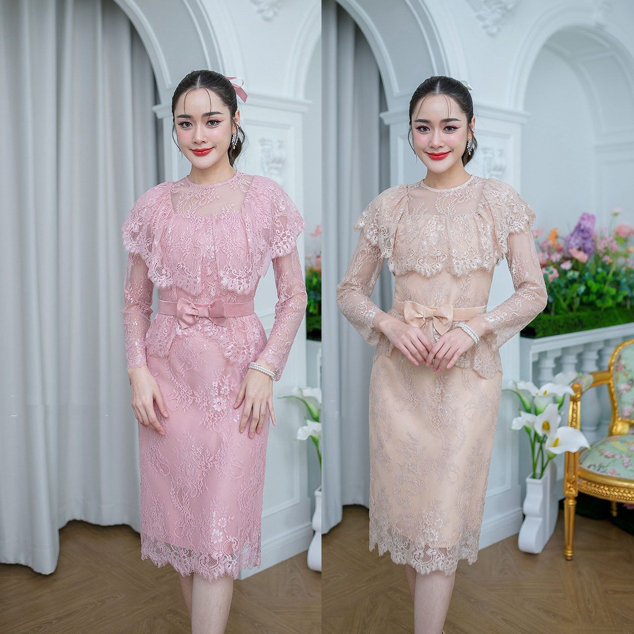 kudapy เดรสสั้นสีครีมเบจ/สีชมพู ผ้าลูกไม้ฝรั่งเศส ลูกไม้นิ่มดีไซส์สวยหวานมากๆ ดีเทลคลุมไหล่ระบาย แขนยาวแต่ตัวผ้าโปร่งใส่สบาย