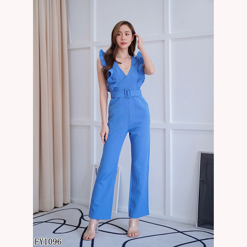 kudapy จั้มสูทขายาวสีฟ้า/สีน้ำตาล ระบายอก แต่งเข๊มขัดสวยดูดี ใส่สบาย