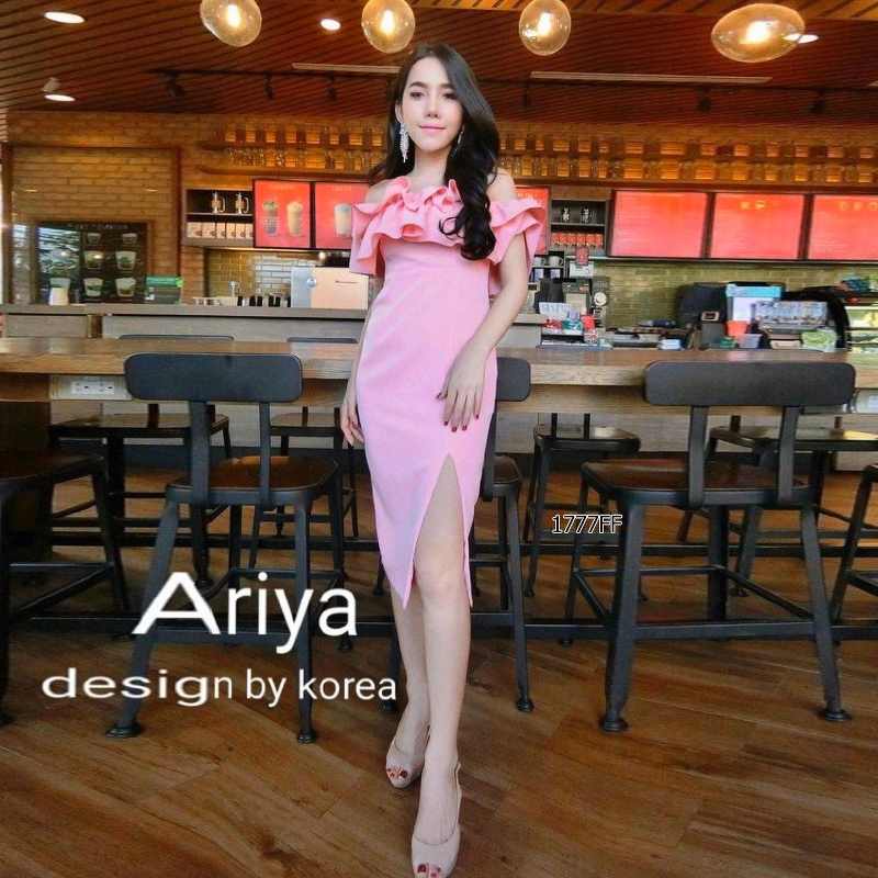 kudapy เดรสปาดไหล่ ระบายรอบน่ารัก แอบเซ็กซี่ งานมีซิปซ่อนหลัง ตีเกล็ดหน้าหลัง เอวไม่สม็อค ทรงเข้ารูป