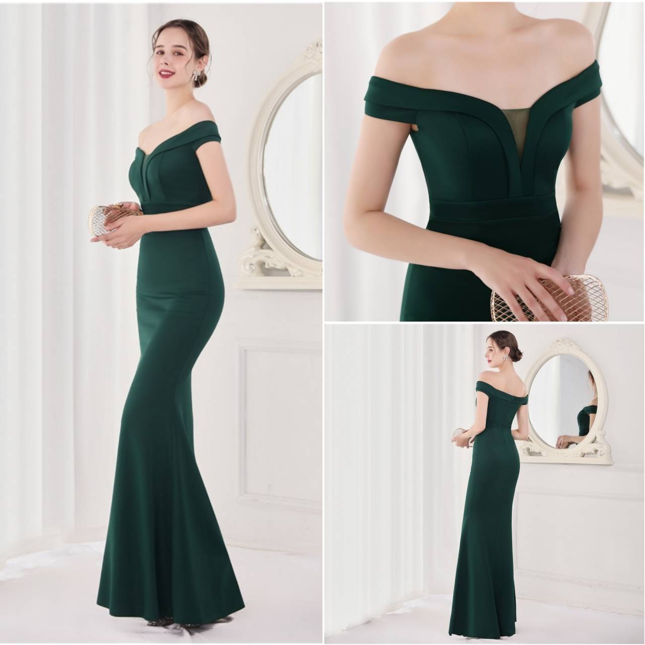 kudapy ชุดราตรียาวเปิดไหล่กริสเตอร์ทอแสง สีแดงไวน์ สีดำ สีขาว สีครีม สีเขียว สีน้ำเงินกรมท่า เดรสเกาะแขน เนื้อผ้าขยายได้ สวมเข้ารูป ทรงสวย เรียบหรู มีบราเย็บติดข้างในชุด ซิปหลัง