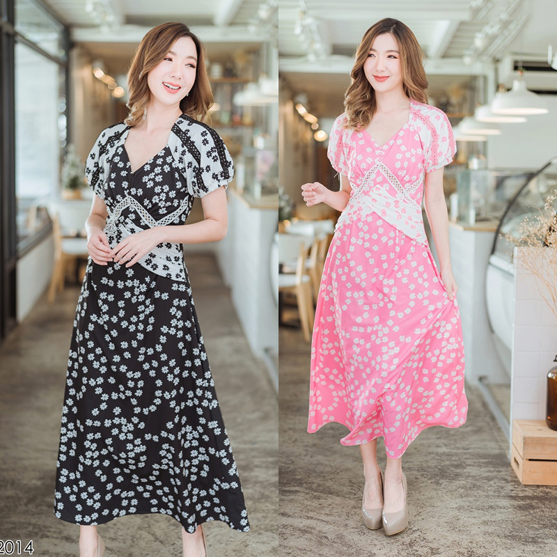 kudapy เดรสยาวสีชมพู/สีดำ ลายจุดแขนบาร์บี้คอเหลี่ยมใส่สบายสวยดูดี