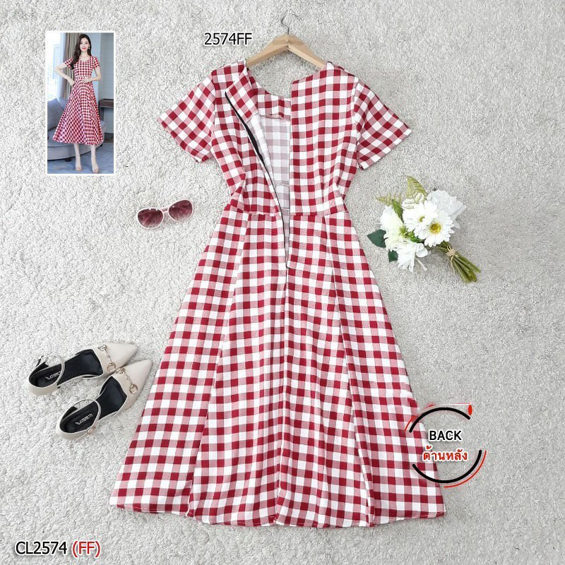 kudapy เดรสยาว/สีดำ/สีแดง/สีกรม ผ้าทอลายสก็อต แขนสั้น ชุดนี้ผ้าทอละเอียดเนื้อนิ่ม