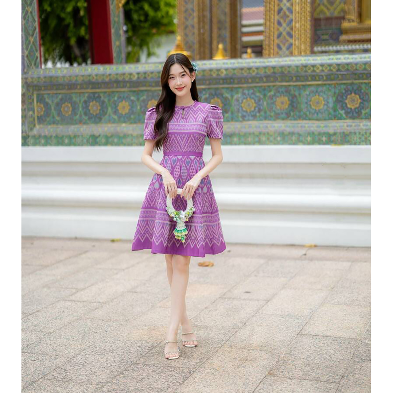 kudapy เดรสสั้นสีเหลือง/สีม่วง ผ้าไทยคอหยดน้ำกระโปรงบาน