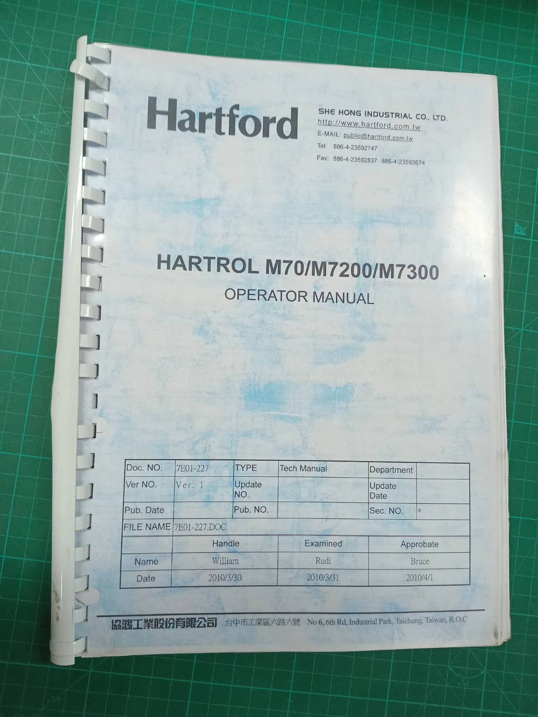 HARTFORD M70/M7200/M7300 OPERATOR MANUAL