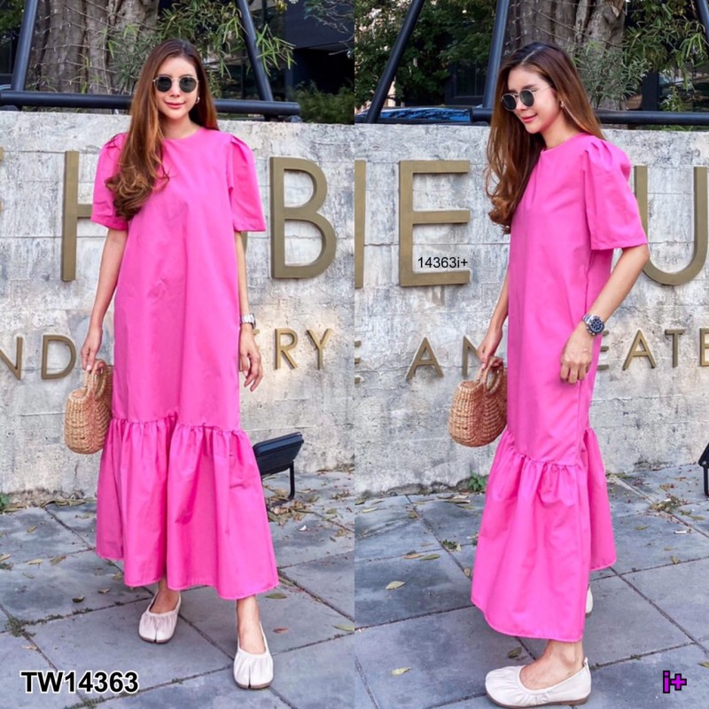 kudapy Dress เดรสยาว คอกลม แขนสั้นจับจีบแขน เย็บรูดชายหนึ่งชั้น มีกระเป๋าข้างสองข้าง