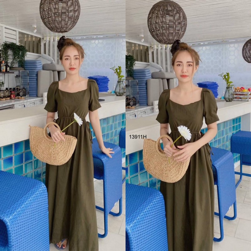 kudapy แม็กซี่เดรสยาวสีขาว,สีเขียว,สีเหลือง เจาะเอวด้านข้าง รูดปรับขนาดเอวเองได้ แขนจีบตุ๊กตา ซิปหลัง ผ้าซาร่าสีพื้น