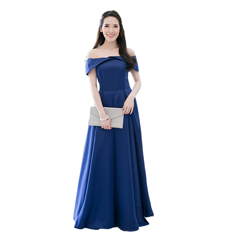 kudapy ชุดราตรียาวเปิดไหล่สีน้ำเงิน ตัวเดรสเปิดไหล่ กระโปรงยาวทรงบานงานหรูามากค่ะ มีซับใน ซิบหลังอย่างดีค่ะ