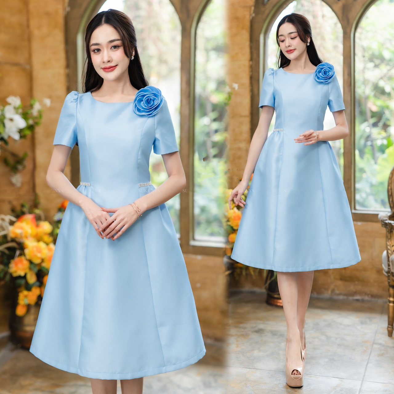 kudapy เดรสสั้นสีชมพู/สีทอง/สีชมพูพิ้งโกล ผ้าจิตลดา ตัวผ้าไหมจิตลดา ทรงเอทรงเจ้าหญิง คอกลมปาด แขนสั้นยกไหล่