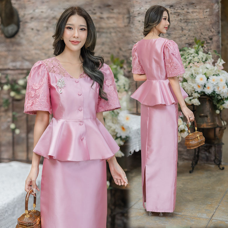 kudapy ชุดเซ็ทเสื้อ+กระโปรงทรงสอบผ่าหลังวีเขียว/สีชมพู อัดกาวทั้งเสื้อและกระโปรง ตัวเสื้อแต่งกระดุมหน้าใช้ได้จริง แขนเป็นทรงเจ้าหญิงอลังการ