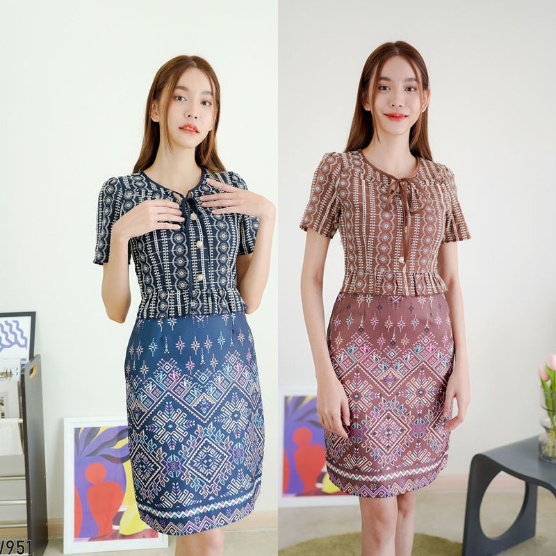 kudapy เดรสสั้นสีกรม/สีน้ำตาลลายไทยแต่งเอว ใส่ทำงานสวยดูดีน่ารัก