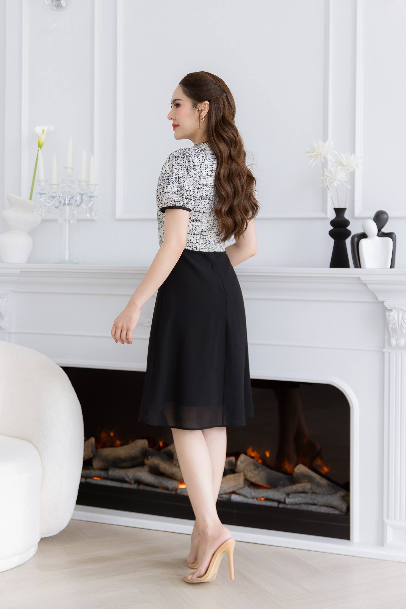 kudapy เดรสผ้าพิมพ์ลายกระโปรงชีฟอง ด้านบนเป็นผ้าพิมพ์ลายอัดกาวอยู่ทรง กระโปรงชีฟองสวยพริ้วใส่สบาย