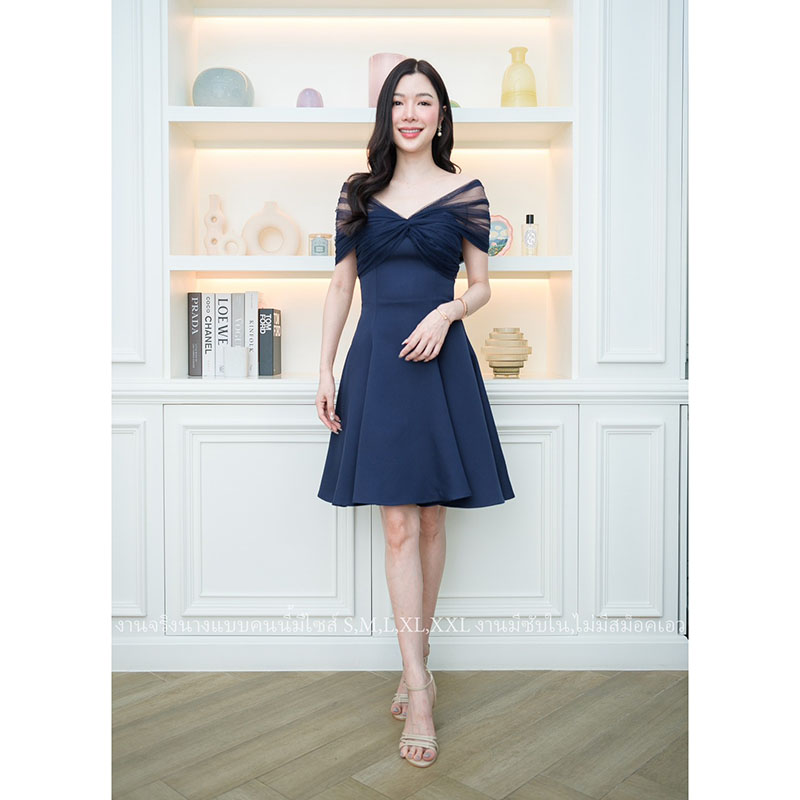 kudapy เดรสสั้นออกงานสีน้ำเงินกรมท่า/สีน้ำตาล/สีสีชมพูนู้ด ปาดไหล่แต่งผ้าซีทรู