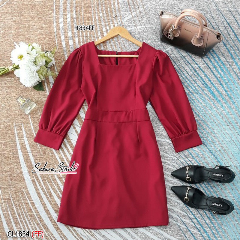kudapy เดรสสั้น แขนยาว คอเหลี่ยม งานผ้าซาร่าอย่างดี มีซิปซ่อนหลัง เอวไม่สม็อค