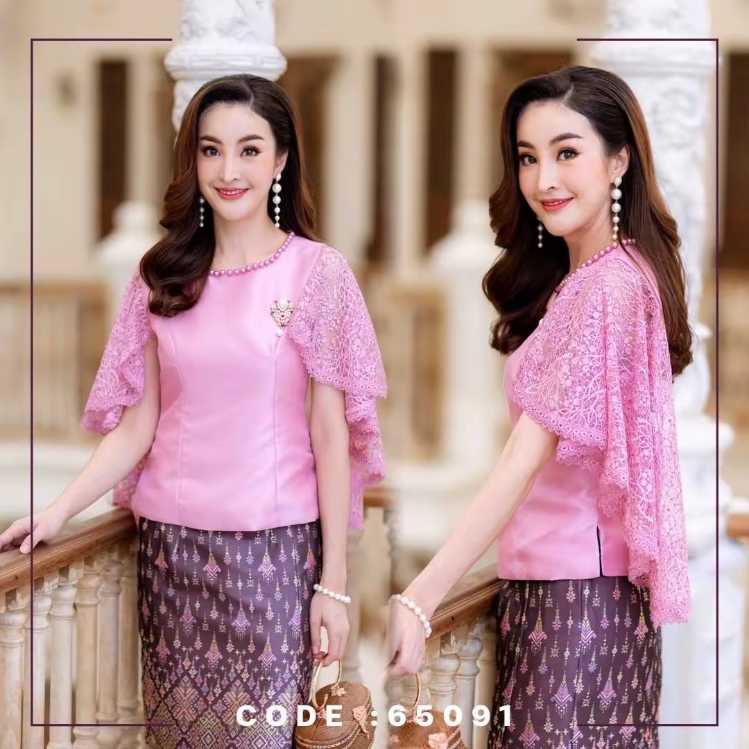 kudapy เสื้อผ้าไหมลูกไม้ฝรั่งเศสแต่งระบายไหล่ สีชมพู สีครีม สีแดง สีทอง
