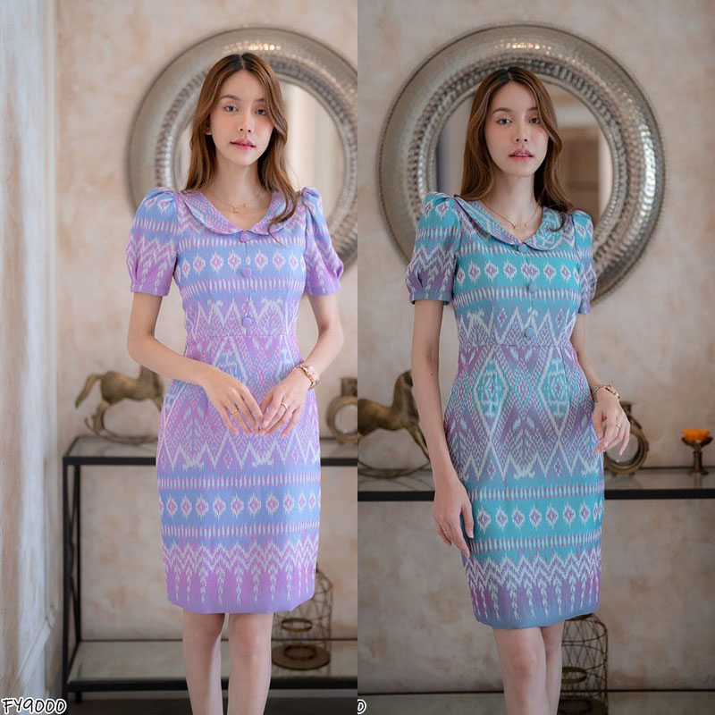 kudapy เดรสสั้นสีม่วง/สีเขียว ผ้าไทยทรงสอบคอบัว ลายไทยสวยดูดี ใส่ออกงานดูมีเสน่ห์