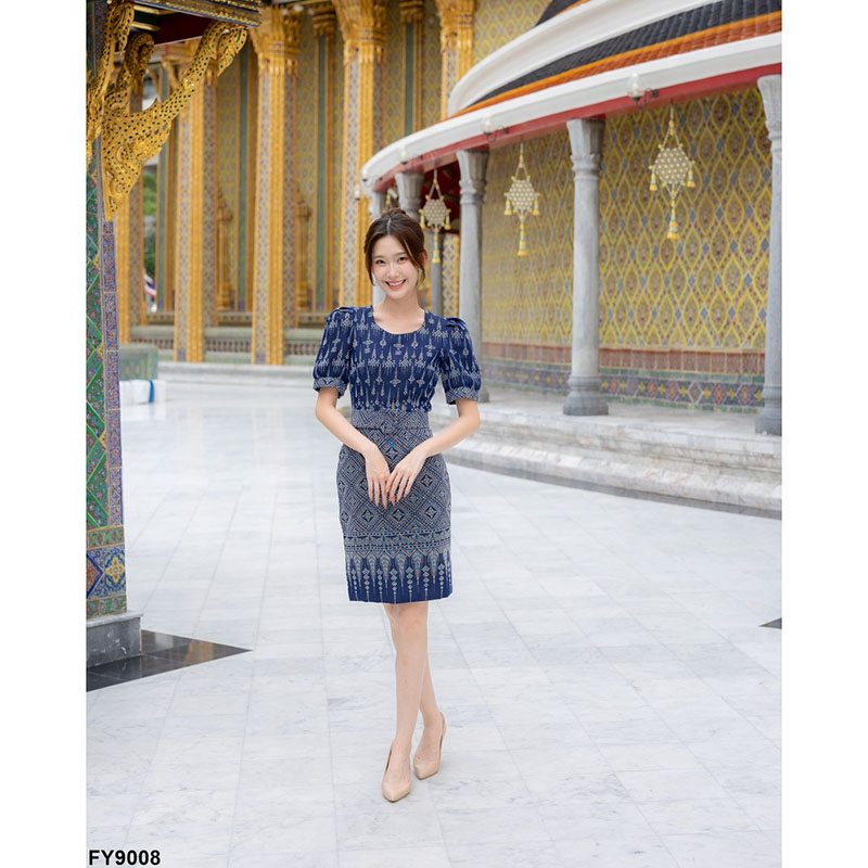 kudapy เดรสสั้นสีกรม/สีน้ำตาล ผ้าลายไทยแขนสั้น ผ้าใส่สบายสวยดูดี ใสออกงาน ใส่ทำงาน+เข็มขัด