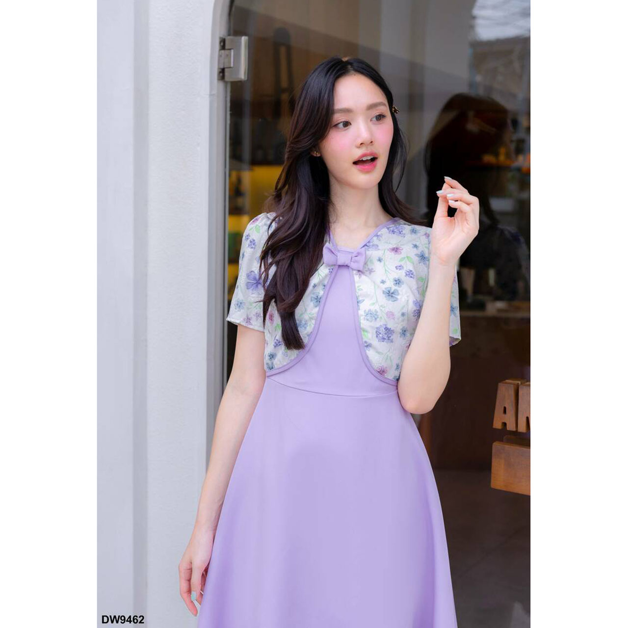 kudapy เดรสสั้นสีชมพู/สีม่วง/สีฟ้า กระโปรงบานกั๊กลายดอก