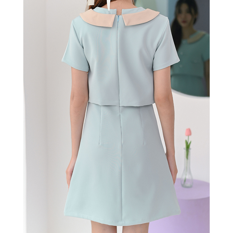 kudapy เดรสสั้นสีมิ้นท์อ่อน/สีฟ้า คอกลมแขนสั้น ตัดต่อเล่นสีคอปก ตัดต่อตัวเหมือนใส่แยกชิ้นทรงสวยเข้าเอว แต่งกระเป๋าหลอก