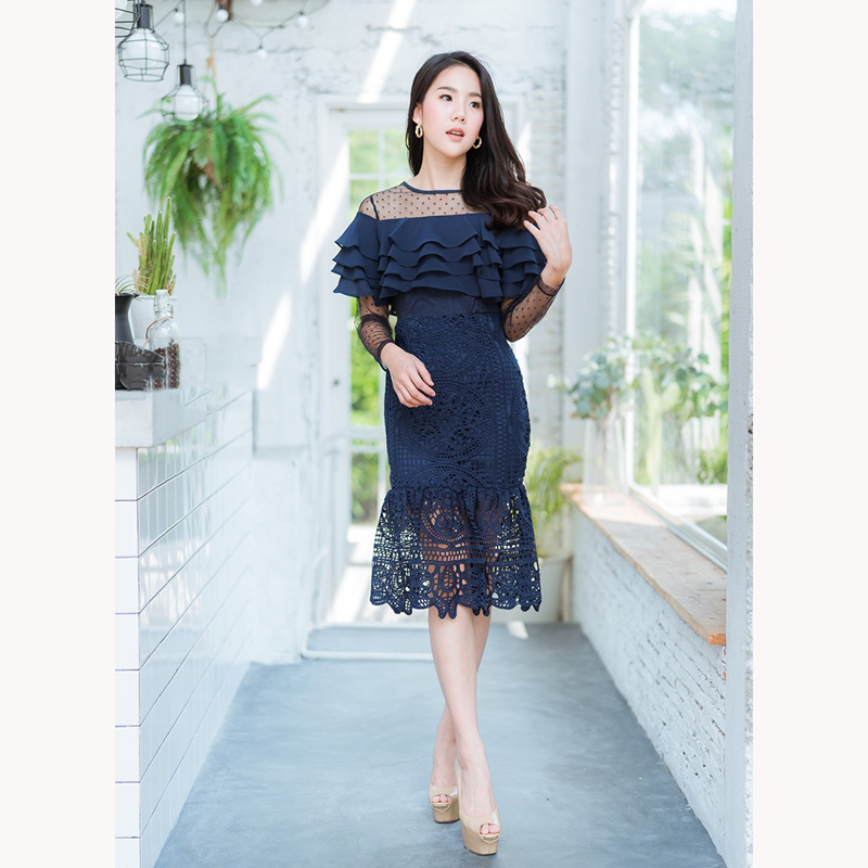 kudapy เดรสสั้รสีชมพู/สีกรม/สีขาว ลูกไม้อกชีฟอง4ชั้นใส่สวยดูดี