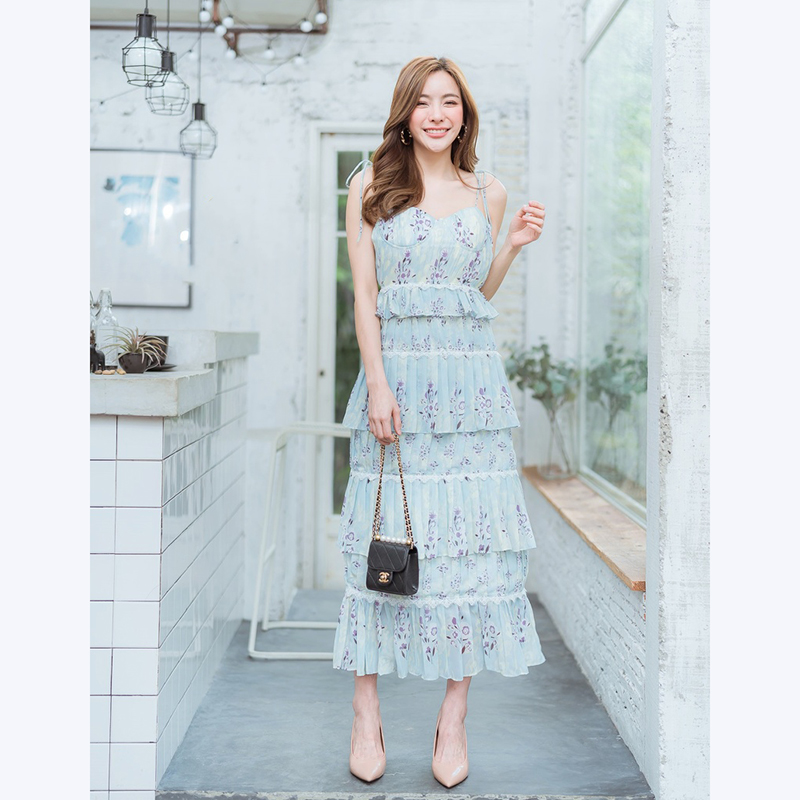 kudapy เดรสยาวสายเดี่ยวสีฟ้า สายเดี่ยวอัดพีชลายดอกไม้ใส่แล้วสวยดูดีเอามาก
