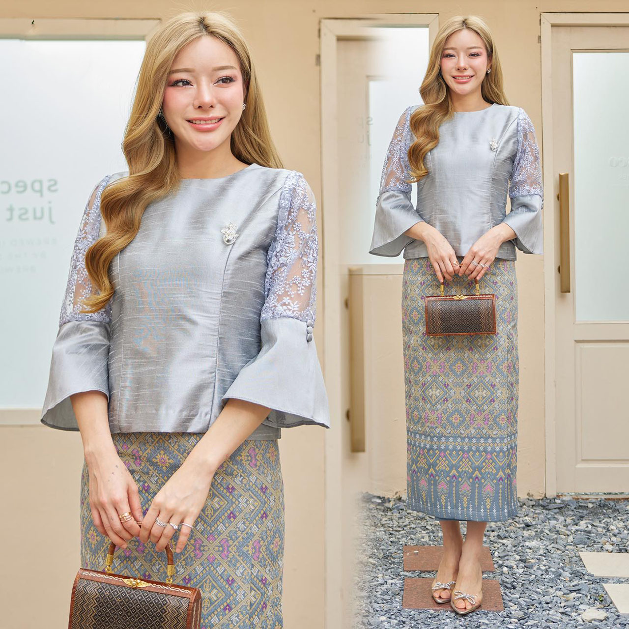 kudapy เสื้อเนื้อผ้าไหม 4 เส้นสีเขียว/สีขาว/สีเทา/สีฟ้า ลูกไม้ฝรั่งเศส สวยดูแพงซ่อนความงามแบบไทย (เฉพาะเสื้อ)