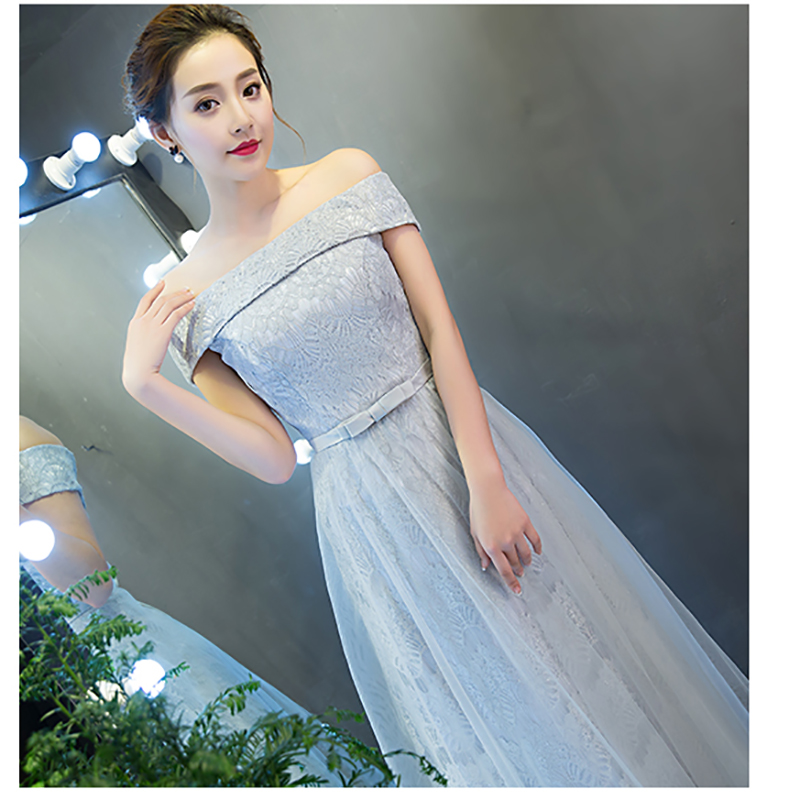 kudapy ชุดราตรียาวสีชมพู,สีเทา สำหรับสาวไซส์ใหญ่ แบบปาดไหล่ ลูกไม้หรูใส่ออกงานกลางคืน งานพรอม กระโปรงตาข่าย