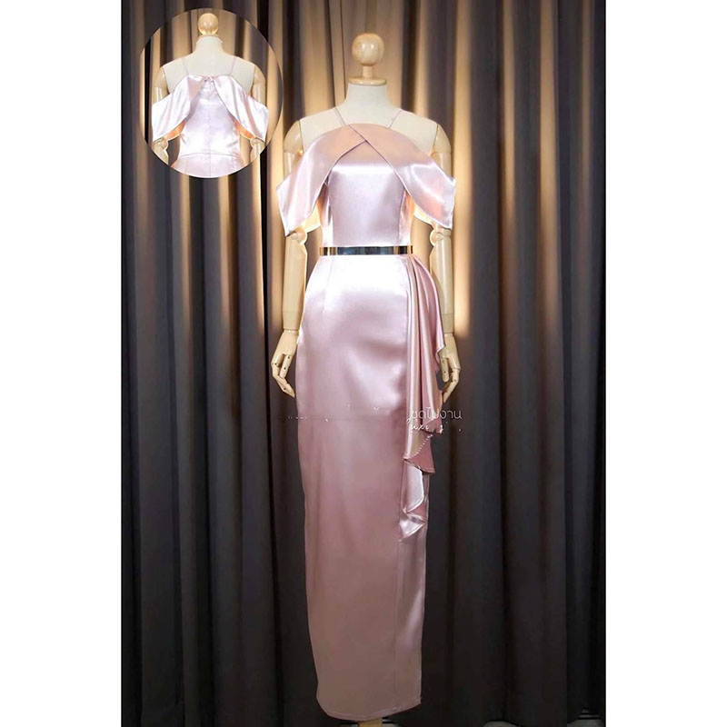 kudapy เดรสยาวสีกรมสีชมพู/สีโรสโกล/สีฟ้า เปิดไหล่ แต่งจีบเอวสวยดูดี ใส่ออกงานเป้มากๆ ดูดีทุกงาน