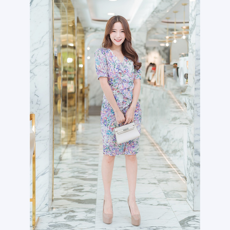 kudapy เดรสสั้นสีชมพู,ขาว ลายดอกไม้ใส่ดูสวย