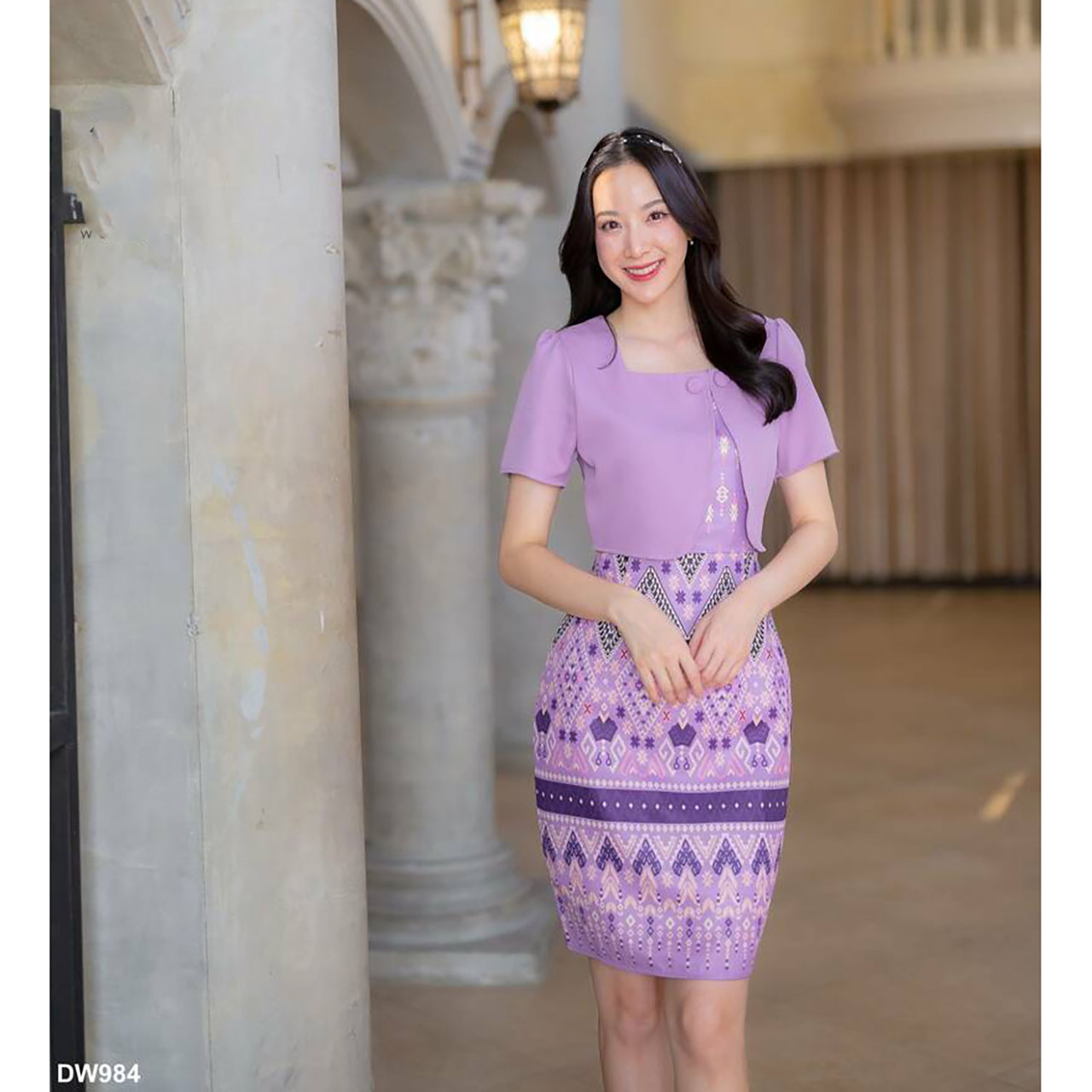 kudapy เดรสสั้นสีชมพู/สีม่วง ผ้าทอกั๊กพื้นกระโปรงลายไทย